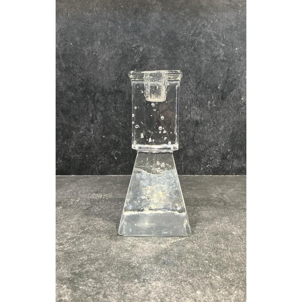 Scandinavian Ice Block Glass Candle Holder Brutalist Bubble Crystal MCM Vintage